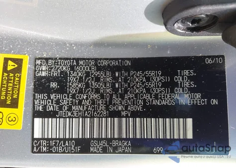 2010 Toyota Highlander Limited V6 z USA, uszkodzony, nr VIN JTEDK3EH1A2162281